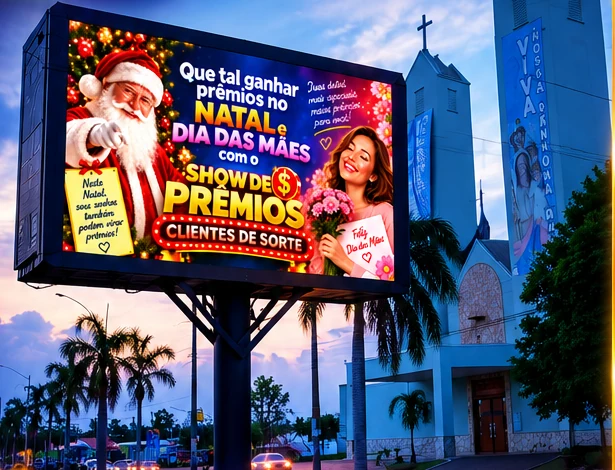 Painel de LED em frente à Igreja Nova Matriz, em Quirinópolis, exibindo arte da campanha