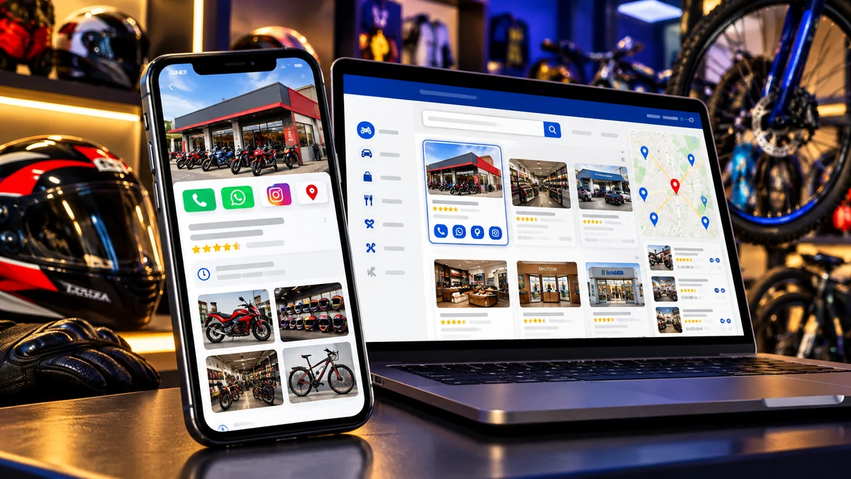 Página de empresa em uma lista telefônica digital exibida em celular e computador