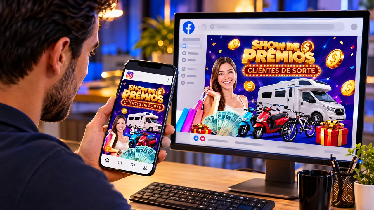 Pessoa vendo no celular e no computador as publicações do Show de Prêmios nas redes sociais