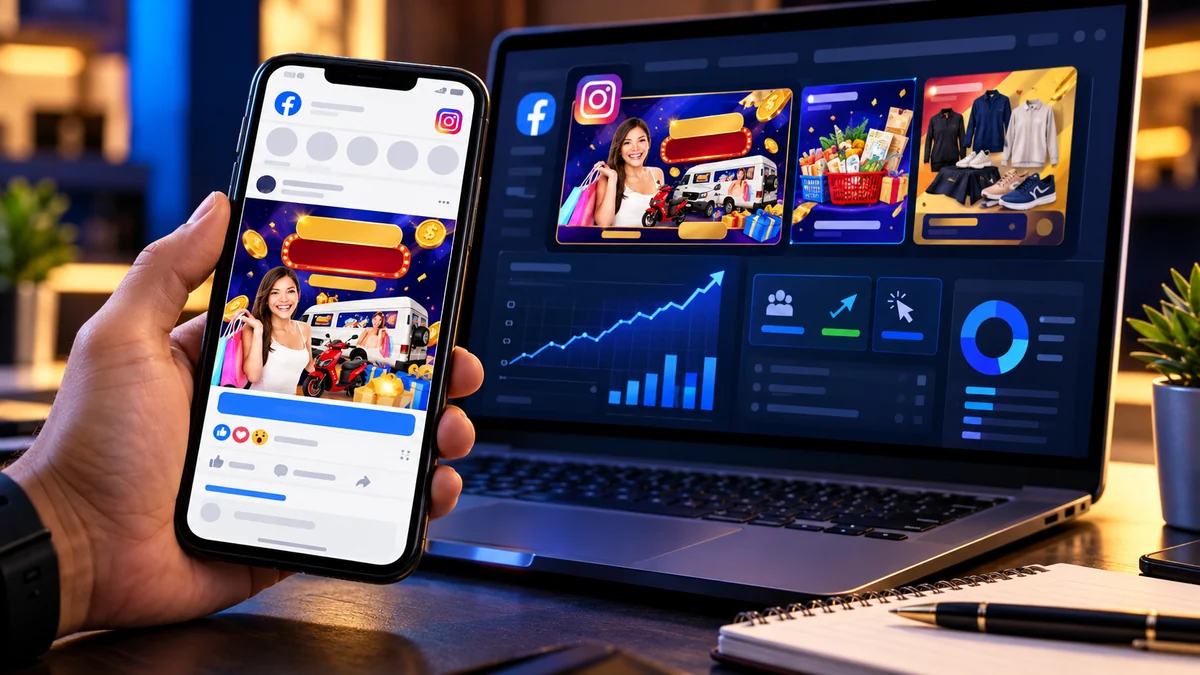 Anúncios em redes sociais e painel de resultados de campanha de tráfego pago